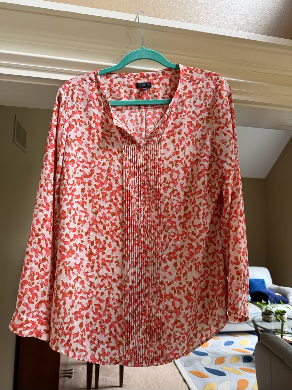 Talbots Women’s Printed Pleated Front Blouse - Coral Pink Print